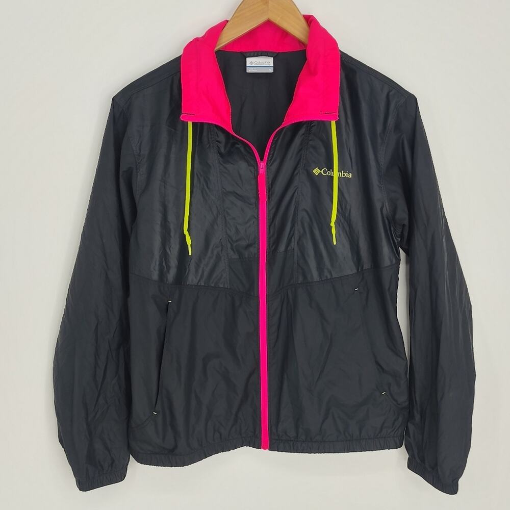 Columbia Black/Neon Lightweight Windbreaker Zip Up Jacket Drawstring Size Small